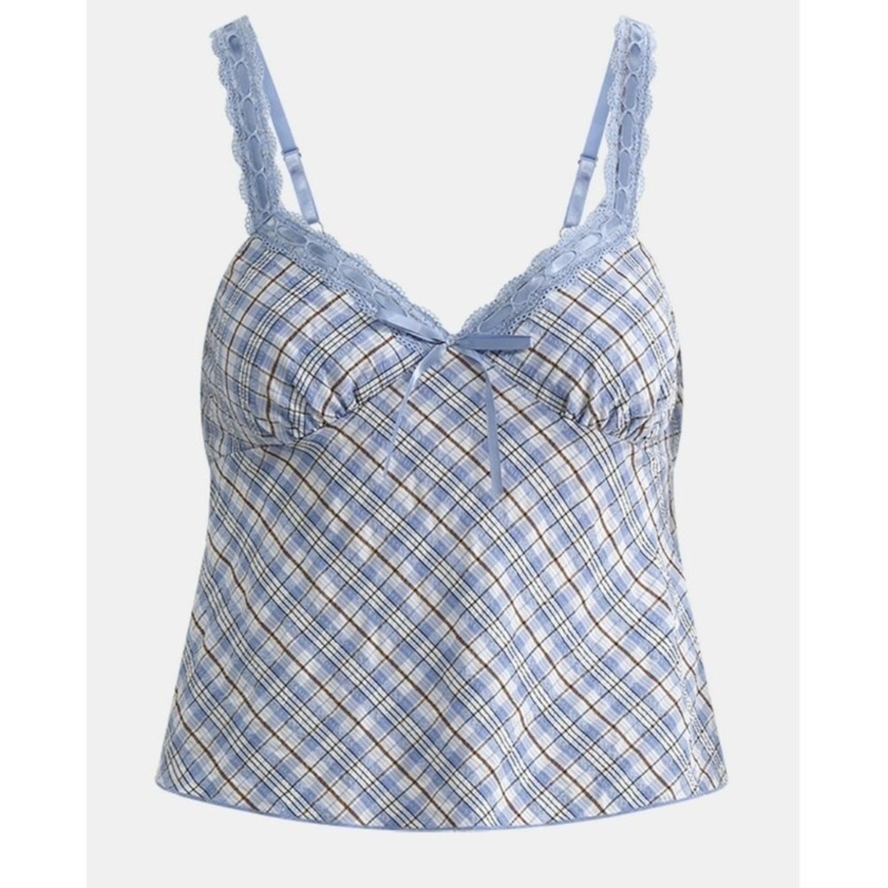 No Boundaries Lace Trim Plaid Sweetheart Coquette Cami Top Blue Small (4-6) NWT‎